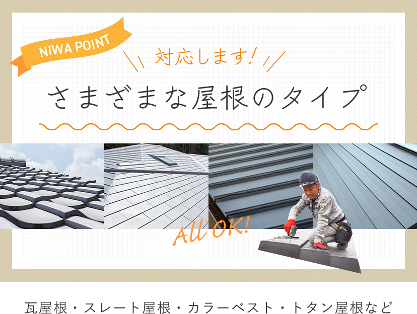 対応します!さまざまな屋根のタイプ瓦屋根・スレート屋根・カラーベスト・トタン屋根など